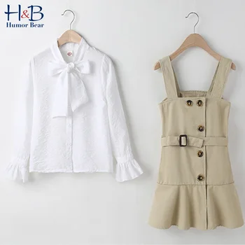 

Humor Bear Girls Clothes Suits Spring Autumn Outfit Bow Long Flared Sleeves+Suspender Dress 2pcs Sets Children'S Clothing 4-13Y