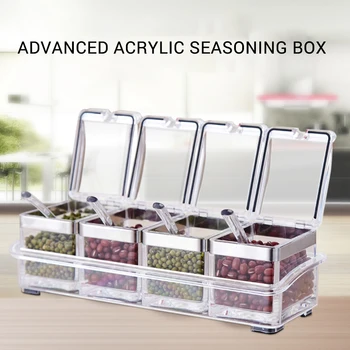 

4 Grids Acrylic Seasoning Box Spice Jar Set Condiment Cruet Bottle Kitchen Supplies With Cover Spoon Spices Storage Box