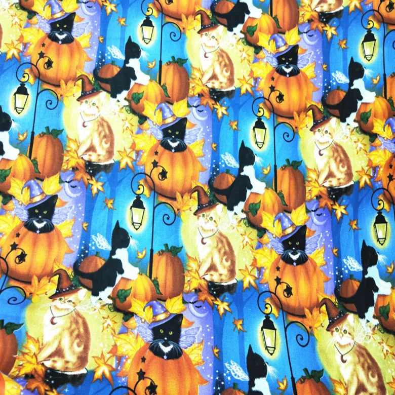 110 см ширина тыквы черные кошки Хэллоуин синий хлопок ткань для мальчика одежда Наволочка на подушку на Хэллоуин Decoration-BK591