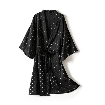 

Silky Women Kimono Sleepshirt Black V-Neck Robe Pajamas Spring Nightgown Loose Negligee Lounge Print Sleep Gown Home Clothes