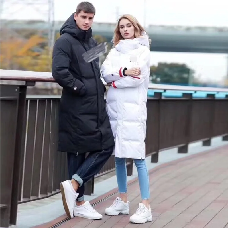 

Women Men Warm down jacket new Korean Style Thicken Long down jacket couple casual black and white simple hooded down jacket