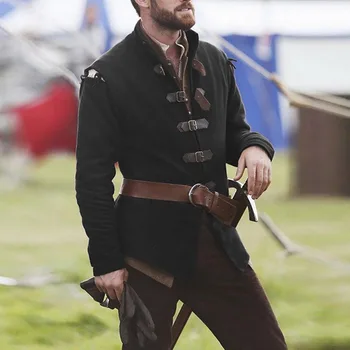 

Medieval Knight Warrior Cosplay Costume Solid Color Collar Leather Buckle Medieval Adult Men Long Sleeve Top Costume