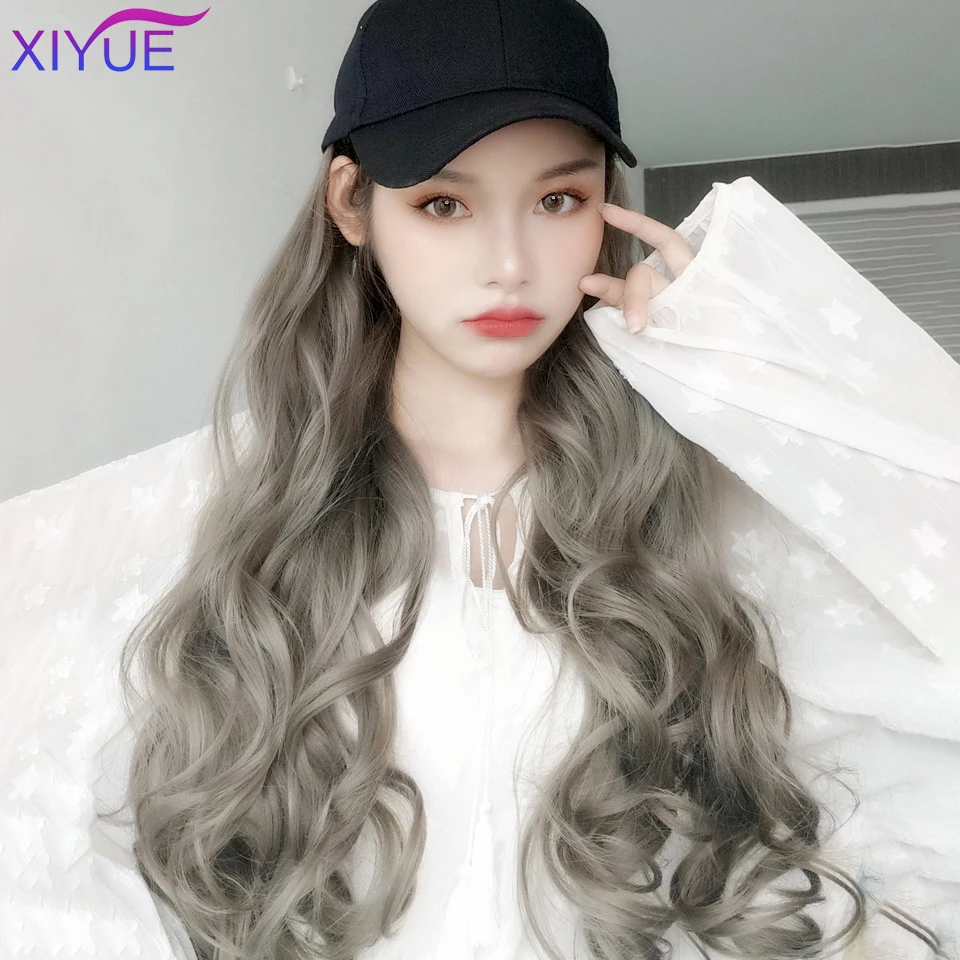Girls Long Straight Synthetic Baseball Cap Wigs Hair  Brown Wavy Wig Extensions Naturally Connect Pieces Hat Wig Adjustable Size