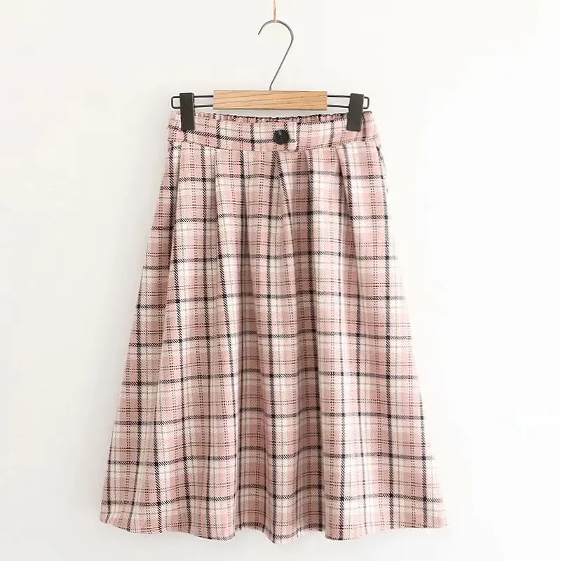 

Autumn And Winter New Style Korean-style Elastic Waist One-Button Plaid Pattern Mid-length Woolen A- line Skirt Women's S29821