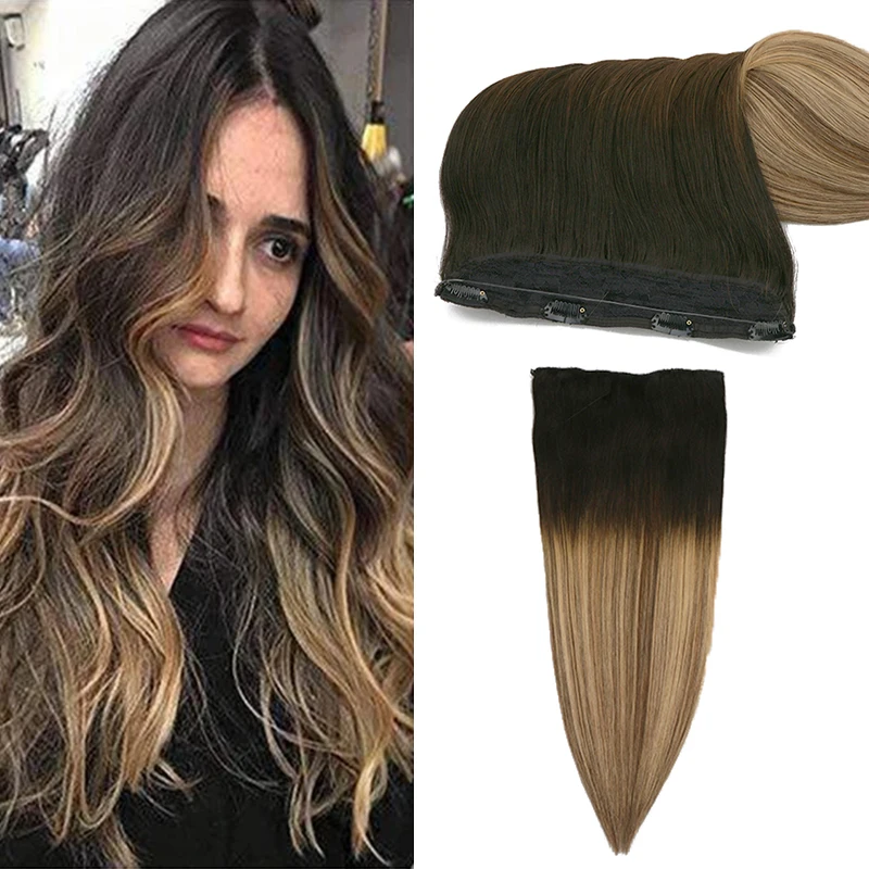

Ombre Balayage Straight Invisible Halo Hair Extension Human Hair Natural Flip in Hair Extensions With 4 Clip One Piece for women