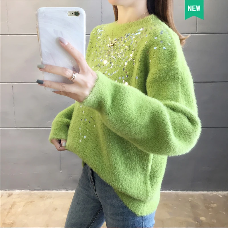 

5630 (No. 6 on Zhongfang Building) Autumn and winter new round collar slim knitted wool sequins women's sweater 49ff