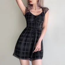 

AWAF 2021 Gothic Women's Dress New Hot Lace Up Vintage Mini Dress Plaid Print Casual Square Collar Bow Cute Summer Dress Women