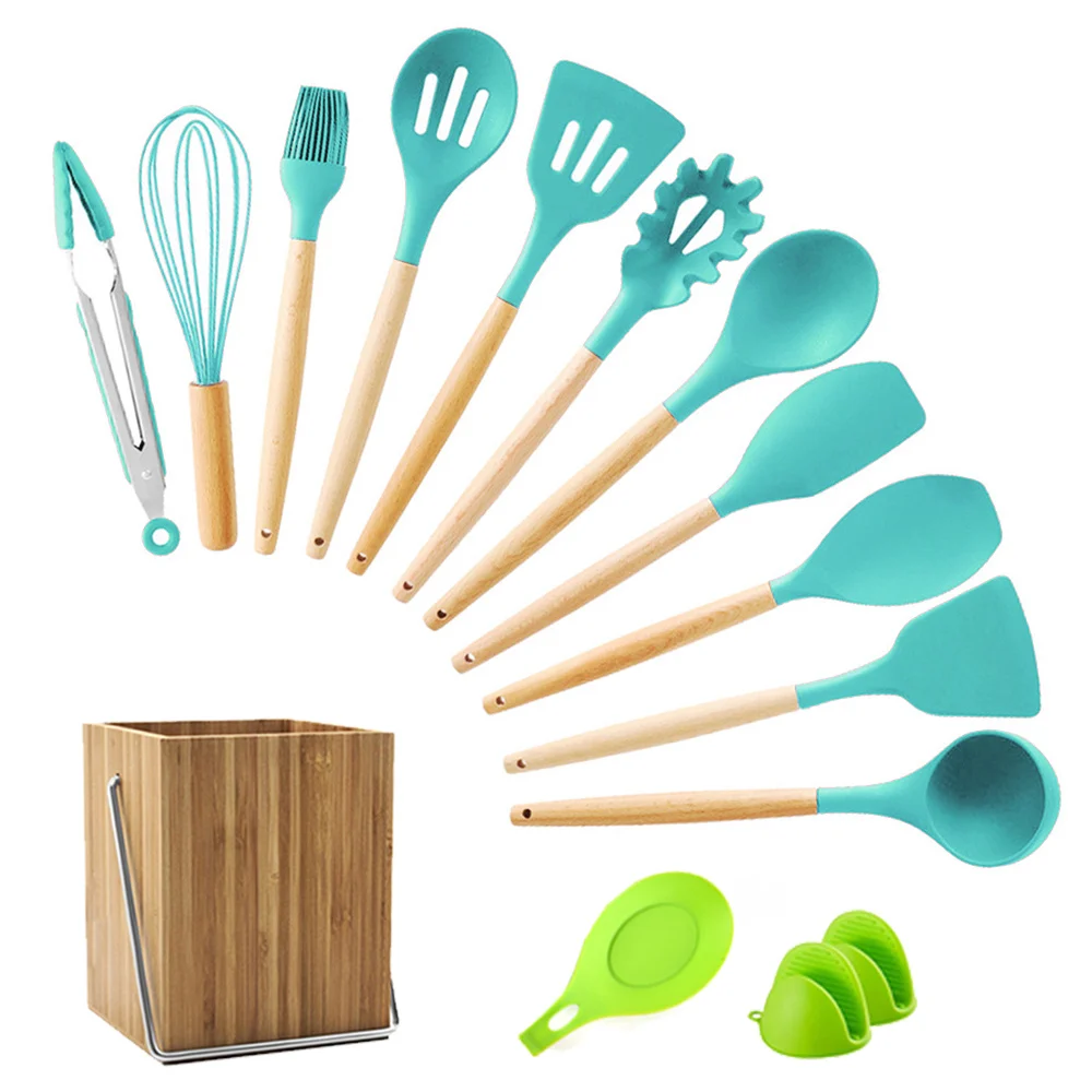 

15Pcs Silicone Kitchen Set Kit Tools Gadgets Cooking Utensils Sets Accessories with Spoon Storge Box Wooden Nonstick Kitchenware