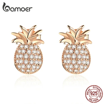 

bamoer Genuine 925 Sterling Silver Fruit Pineapple Stud Earrings for Women CZ Paved Luxury Rose Gold Color Korean Jewelry SCE803