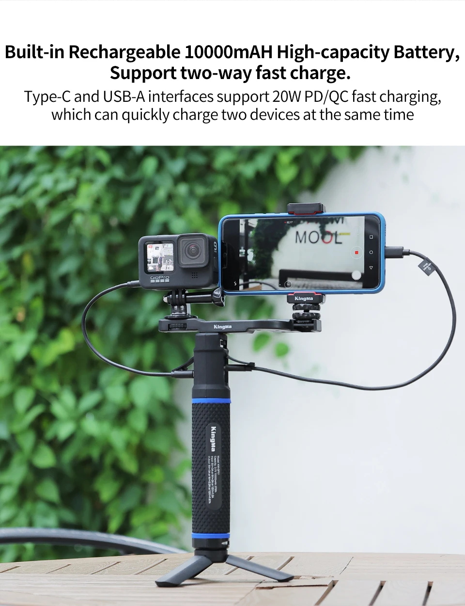 Description Picture 6 of itemKingMa 10000mAh Mobile Power Supply Charging Selfie Stick for GoPro Hero 20W PD/QC Fast Charge Power Bank Battery Hand Grip
