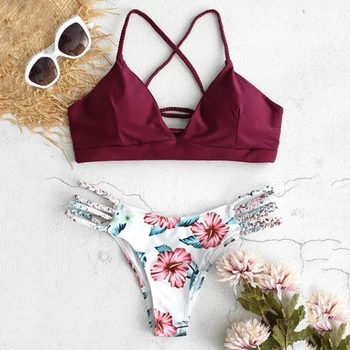 

Sexy Women Bra Set Flower Print Two Piece Swimsuit Sleeveless Swimwear Beachwear Off Shoulder Bra Suits Female Underwear Set