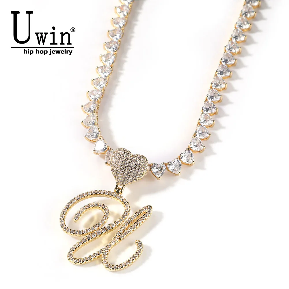 

Uwin Cursive Letters With Heart tennis chain Iced Out Brush Intial Name Necklace Jewelry Charm Hip Hop Drop Shipping
