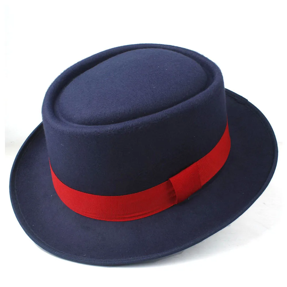 Dark Blue Унисекс Мужская и женская шляпа со свининой пирог с красной лентой поп Джаз шляпа шерсть плоская шляпа Федора размер 58 см - Цвет: Dark Blue