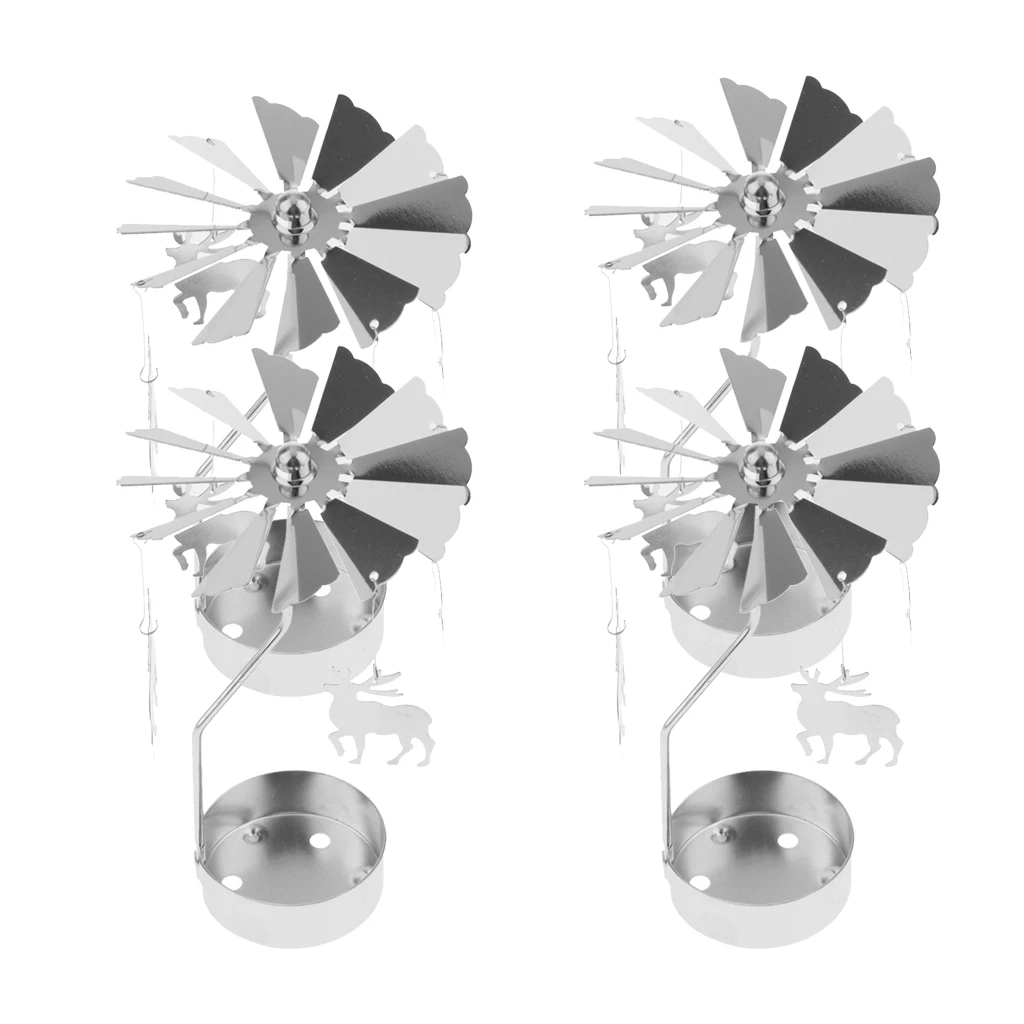 4 Pack Spinning Elk Deer Candle Holder, Silver Plated Metal Cut Tea Light Candle Stick for Tabletop Centerpiece Xmas Decoration
