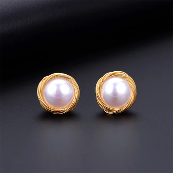 

ANI 14K Roll Gold Handmade Women Stud Earring Freshwater White Pearl oorbellen Roll Gold boucle d oreille Fashion Design Jewelry