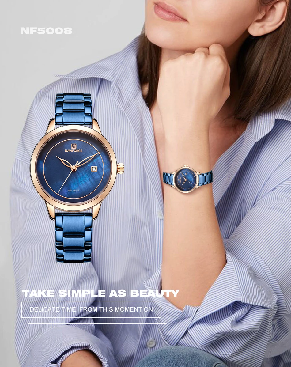 Женские часы naviforce из нержавеющей стали женские наручные часы модные водонепроницаемые женские часы простой синий набор часов для девушек распродажа
