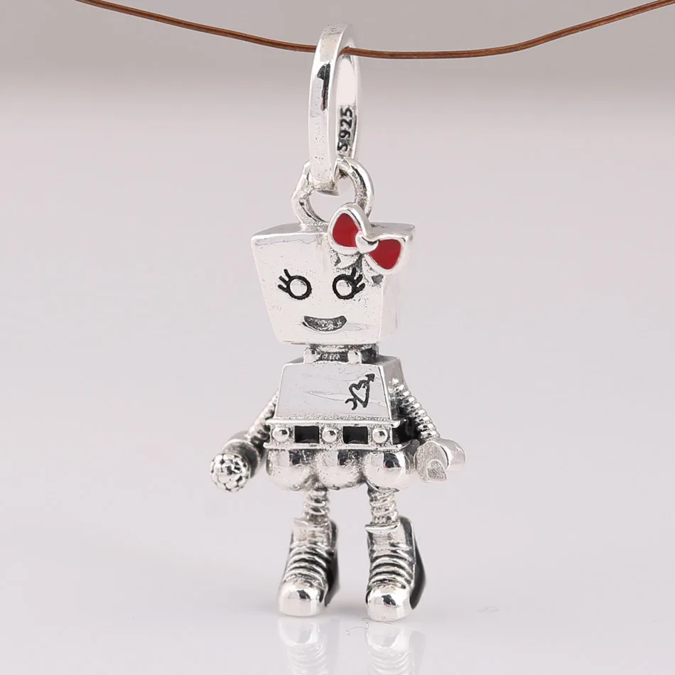 Authentic 925 Sterling Silver Bead Red Enamel Bow Girl Robot Charm fit Lady Bracelet Bangle DIY Jewelry