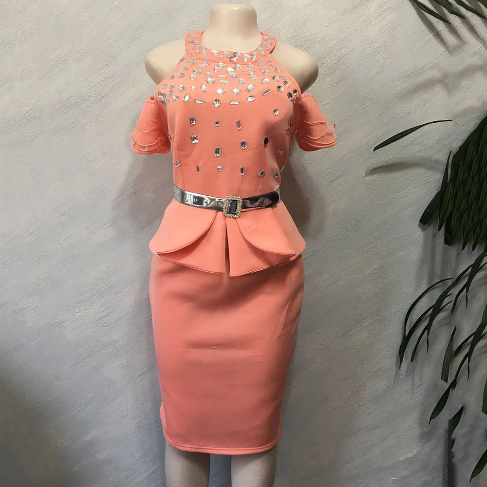 Бисероплетение алмаз холодное плечо оборками баски платье для женщин высокая талия туника Bodycon Вечеринка Falbala 2 шт. наборы платьев