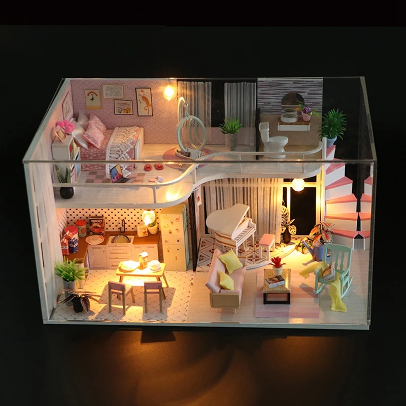 Hoomeda-Diy Doll House Miniature with Furnitures Diy Dollhouse Wooden Toys for Children Birthday Christmas Gifts Anna's Pink Mel