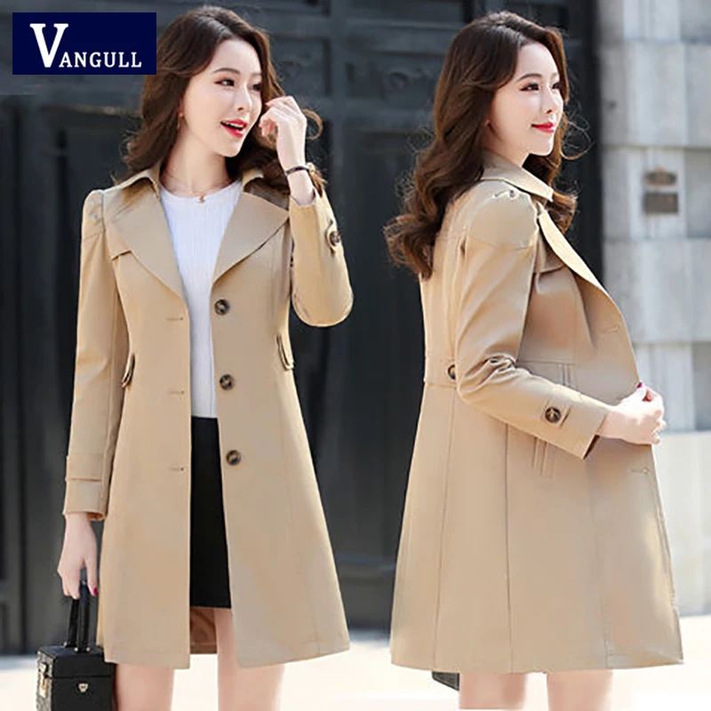 Goede Vangull Vrouwen Klassieke Trenchcoat 2019 Lente Herfst Nieuwe Mode Kaki Zwart Single Breasted Solid Slim Plus Size Wind Jas