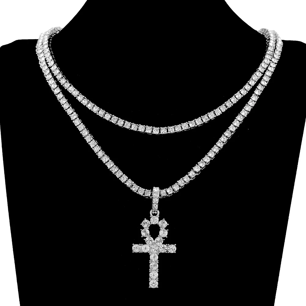 New Iced Out ANKH CROSS & MEDUSA Pendant &3mm/30 Box Chain Necklace RC537G 