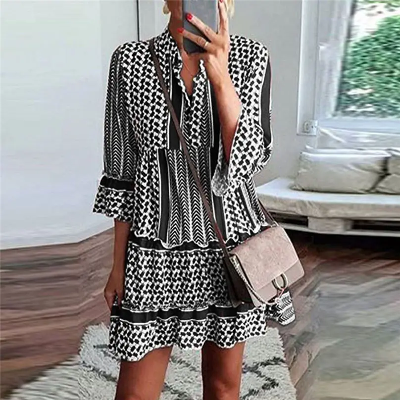 New Fashion Women Casual Autumn Dress 2019 Patchwork Three Quarter Sleeve Ruffles Party Mini Dress платье vestidos 3Y30 (4)
