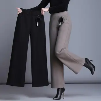 

2019 Autumn Winter Elegant Office Lady Elastic Waist Flare Hem Pant Casual Solid Flared Trouers Female Warm Bell-bottom Trousers