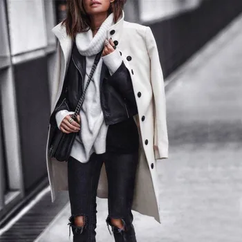 

Women Slim Woolen Coat Single Breasted Fashion Long Coats Casual Jackets Outerwear