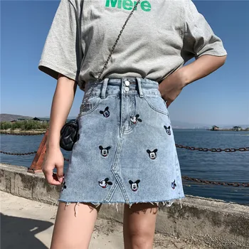 

2020 Summer Cartoon Embroidered Denim Skirt Women's New Korean Version High Waist A-line Short Skirt Age Relief Wild Skirt Tide