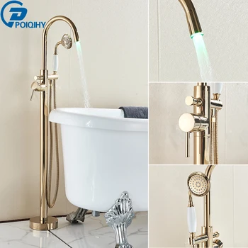 

POIQIHY Golden Bathtub Faucet LED Light Mixer Tap Bath Tub Tap Faucet Single Handle Swive Spout Bath Shower Set Brass Handshower