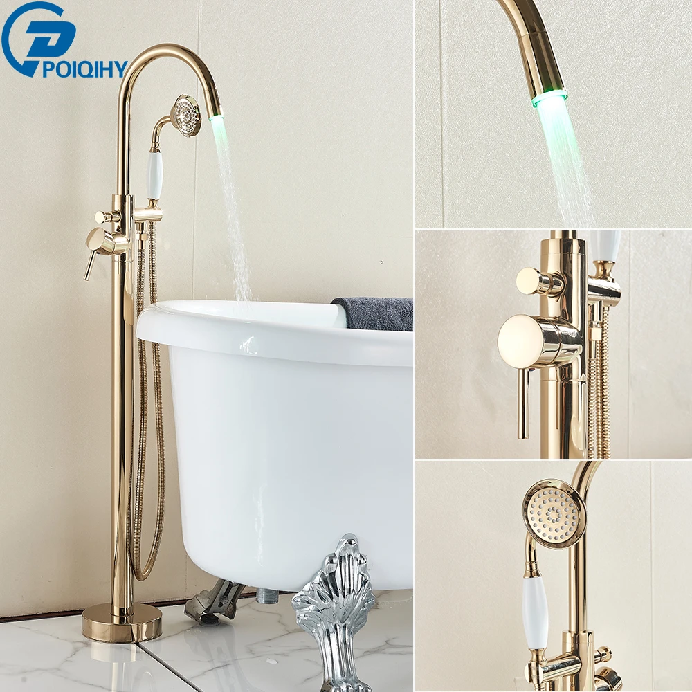 Poiqihy Golden Bathtub Faucet Led Light Mixer Tap Bath Tub Tap Faucet Single Handle Swive Spout Bath Shower Set Brass Handshower Bathtub Faucets Aliexpress