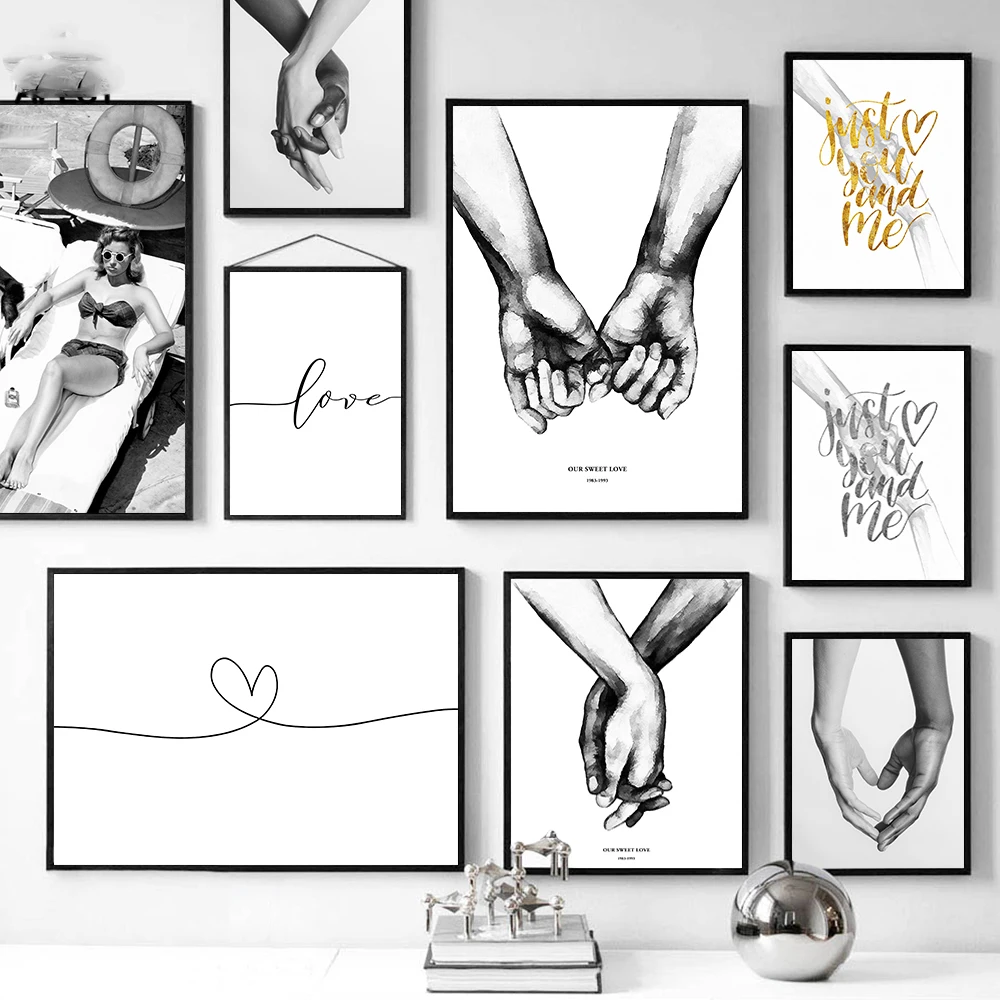 Черно-белый плакат Современная Картина на холсте с надписью Hold Hands Love абстрактные