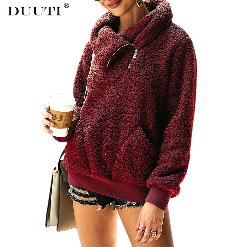 

2019 Autumn Tops Teddy Coat Thick Sweatshirt Winter Female Coat Soft Soft Turn-down Collar Wine Red Khaki Black D30