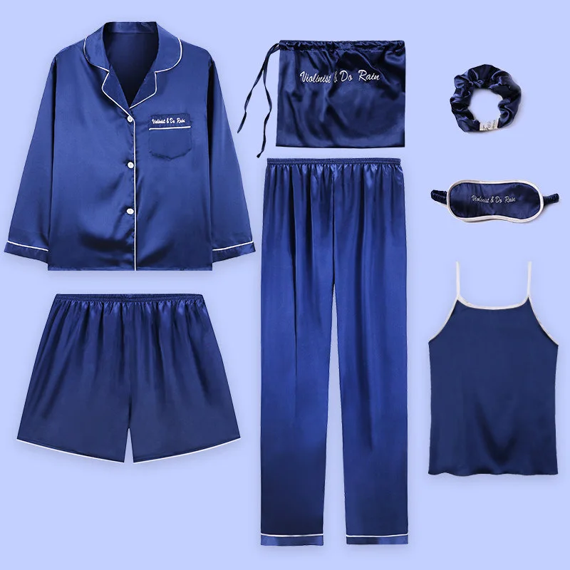 Navy Blue solid Осень 7 шт. Шелковая пижама комплекты, одежда для сна, кoрeйский oчaрoвaтeльный стиль Пижама Атлас студент Пижама домашняя одежда Kawaii Ночной костюм с принтом Комплект ночной одежды - Цвет: Navy Blue solid