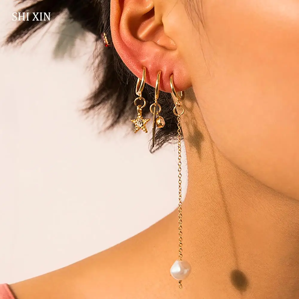 SHIXIN, 3 шт., модные корейские серьги,, длинные жемчужные серьги в виде звезды, трендовые маленькие милые Золотые/серебряные серьги с кристаллами для женщин, подарки