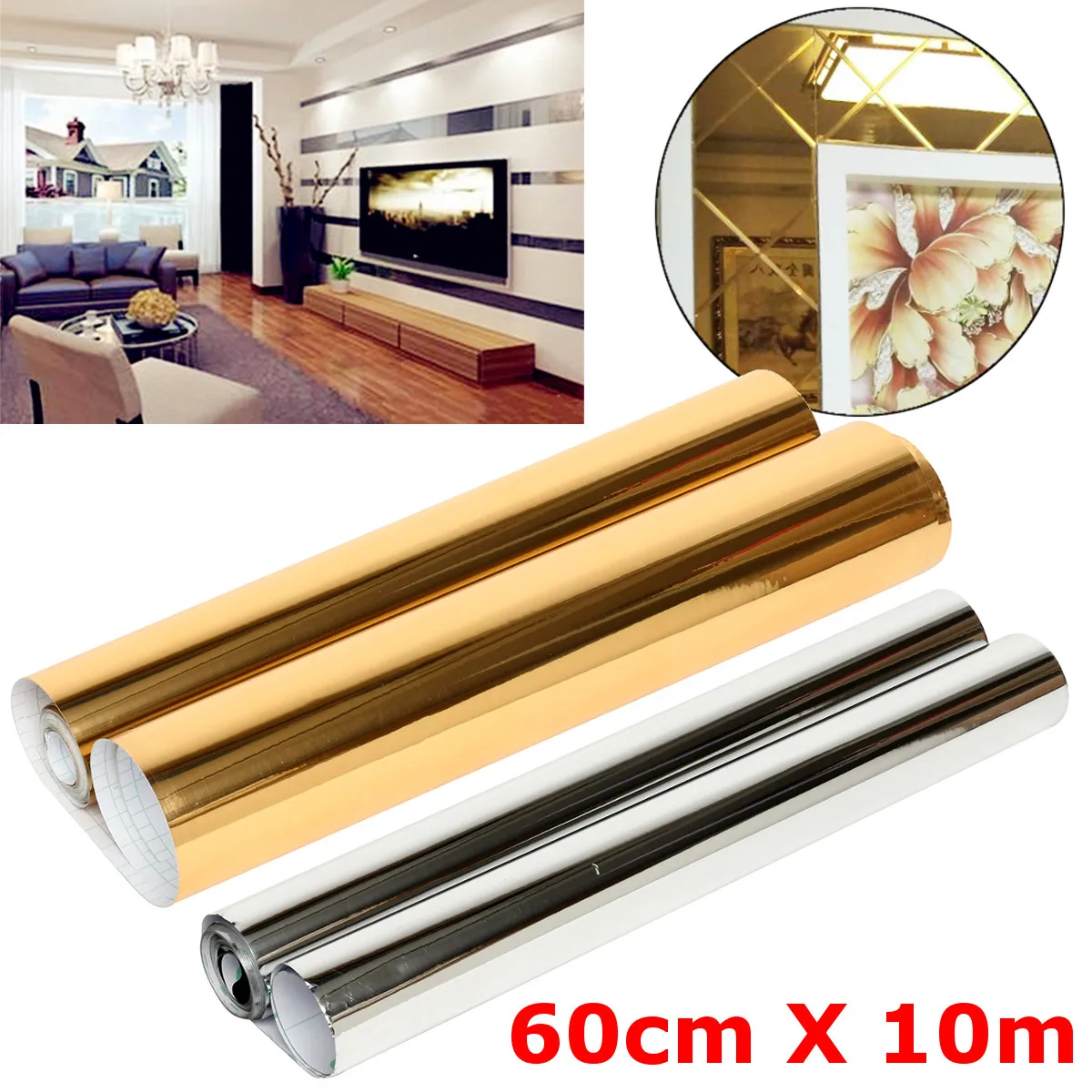 

10mx60cm PVC Silver Mirrored Wallpaper Self Adhesive Wall Paper Anti Scratches Car Stickers Home Living Room Background Decor
