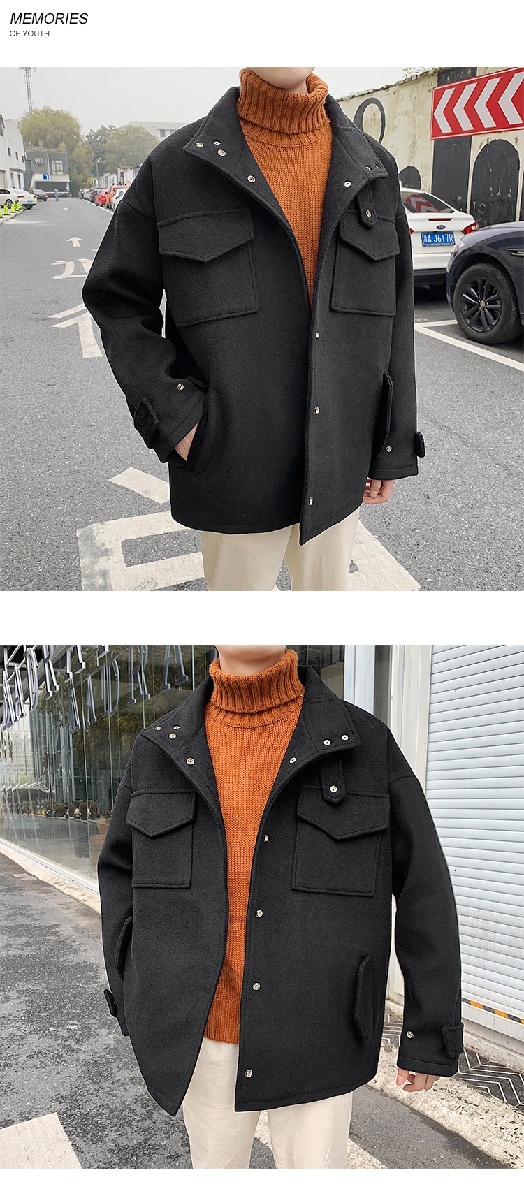 Autumn/winter new style retro thick solid color coat coat loose casual lapel fashion personality youth men's wear