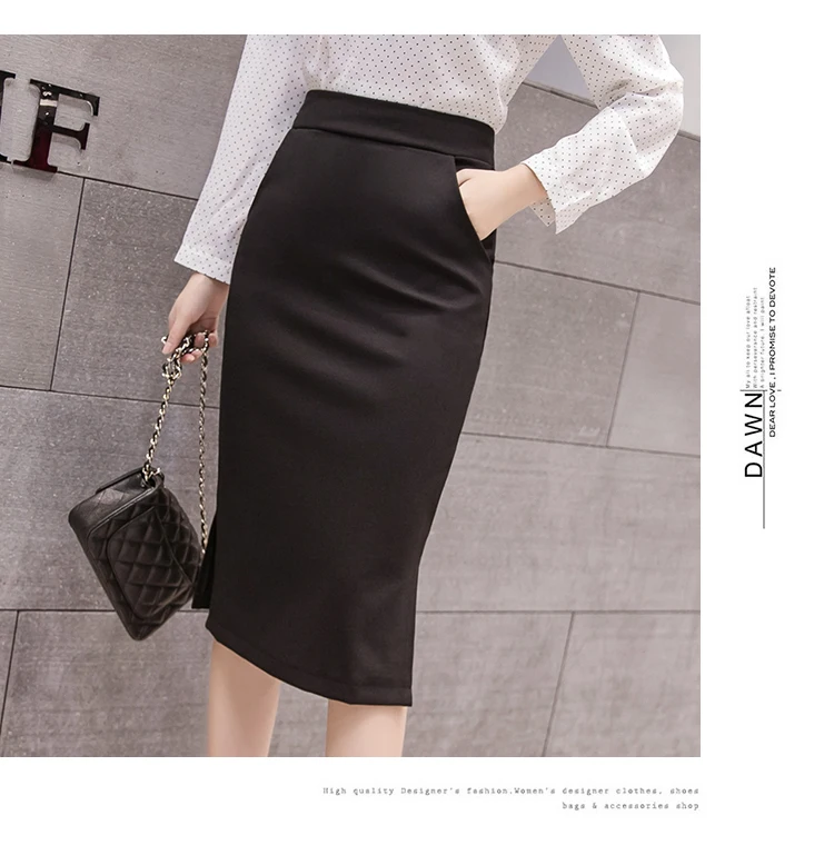 S-5XL Plus Size New Fashion Elegant Women's Midi Pockets Skirt Slim OL Sexy Open Slit Pencil Skirt Knee-Length Office Lady Skirt