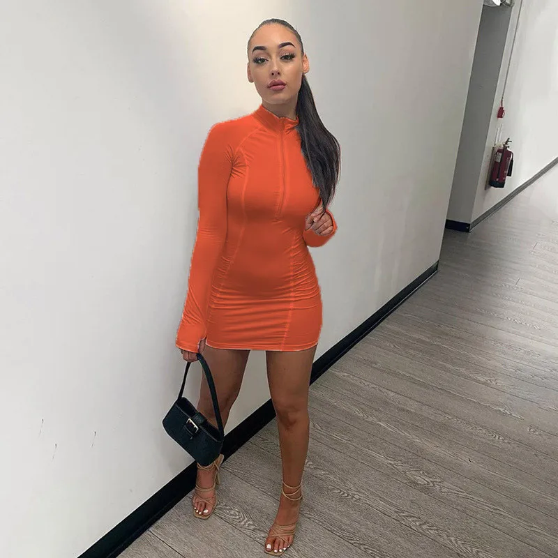 

Autumn And Winter Women's Solid Color Mini Dress Round Neck Zipper Long Sleeves Slim Fit Sexy Lady Suitable For Nightclub Party