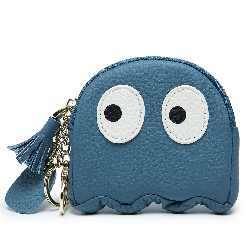 A3008 Top Layer Cow Leather Soft Comfortable Fashion Girls Coins Purse Cute Ghost Design Small Items Cowhide Lovely Handy Bag
