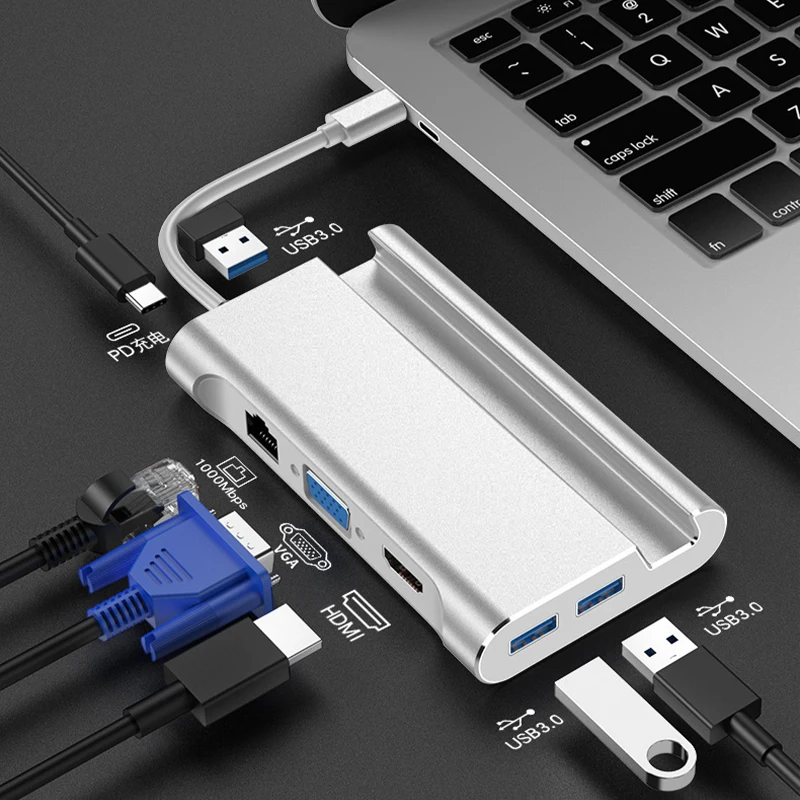 USB Type C 3.1 Gen 1 to 4K HDMI 1080P VGA Video Hub 1000M RJ45 USB 3.0 USBC PD Metal Shell Holder D