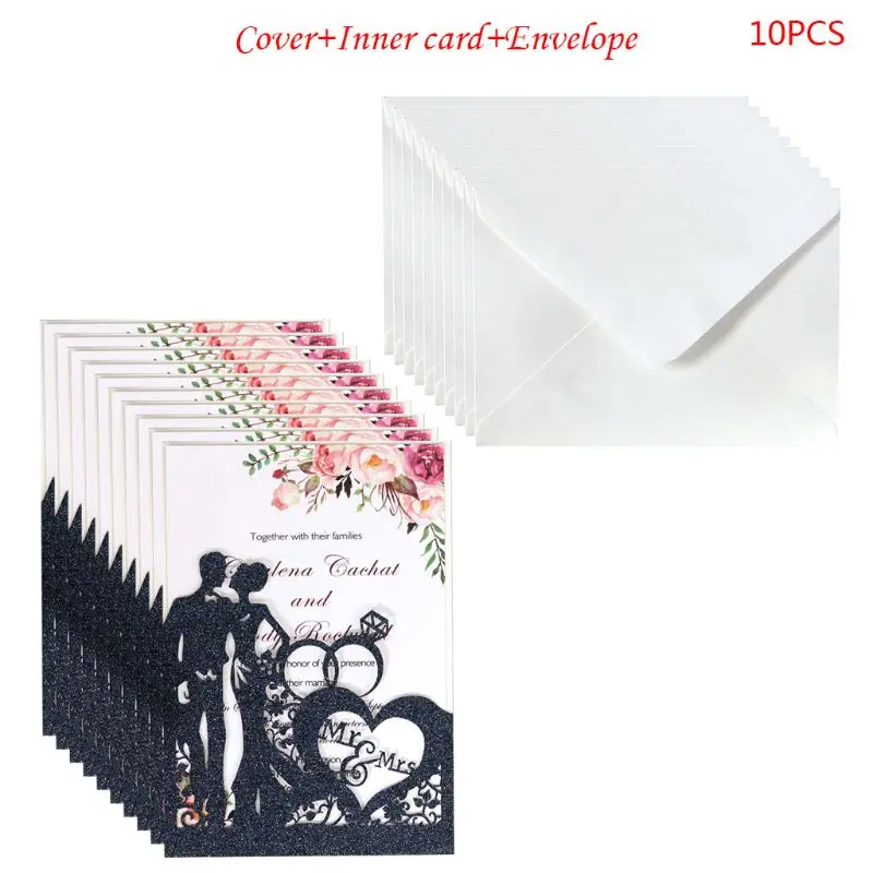  10pcs/set Glitter Laser Cut Ring Wedding Invitations Card Wedding Party Supplies Y1AB - 4.00029E+12
