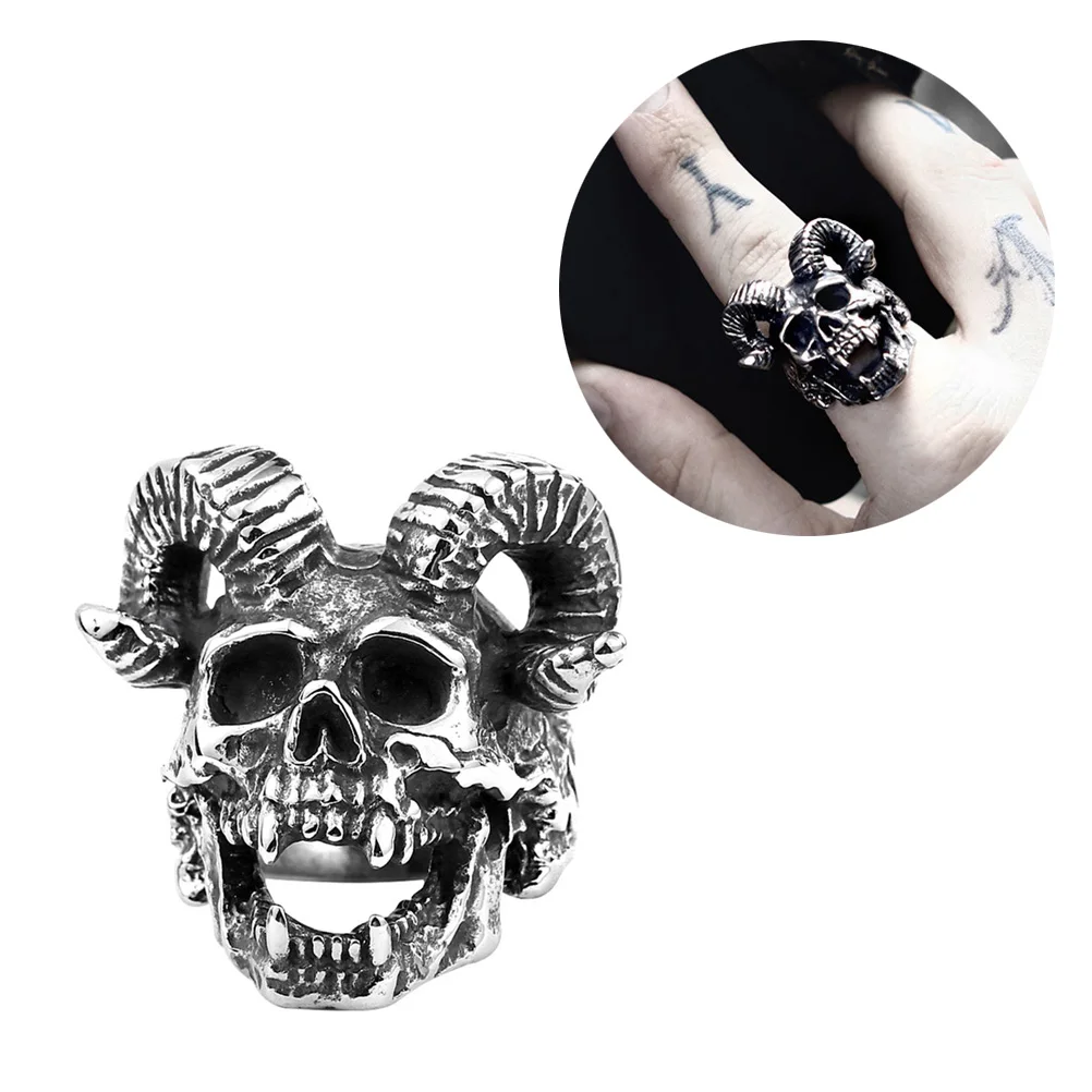 

Durable Anti-rust Fashionable Unique Stainless Steel Animal Shape Ring Punk Ram Skull Finger Ring for Men Husband Boyfriends
