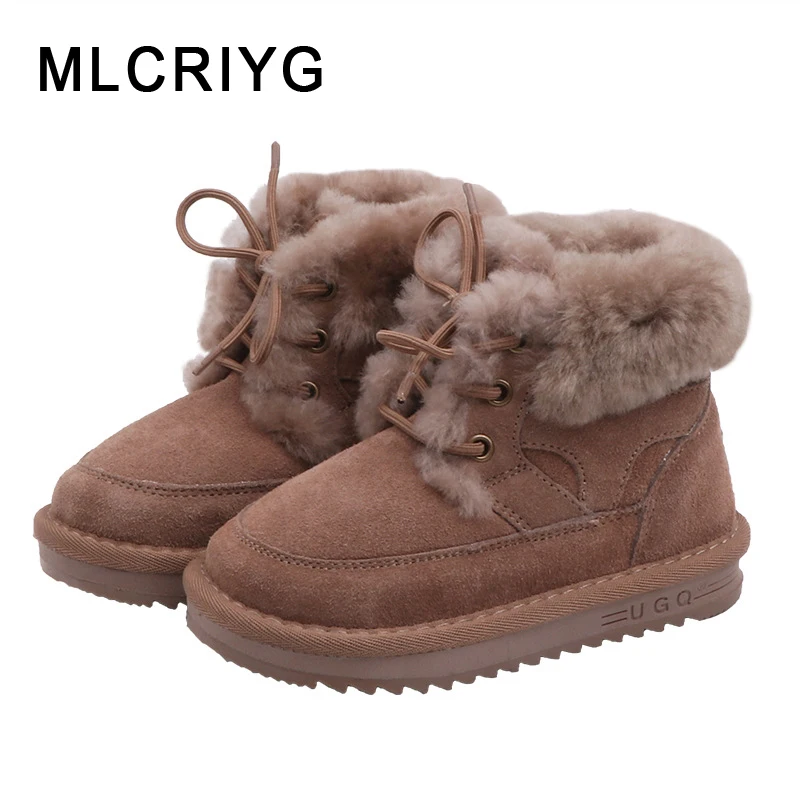 

New Winter Kids Snow Boots Baby Girls Fur Ankle Boots Toddler Brand Boots Children Warm Genuine Leather Shoes Boys Black Shoes