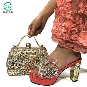 

Coral Color Italian design Ladies Wedding to Match shoes bag Set Shoes and Bag Mature Style Comfortable Hees for Party