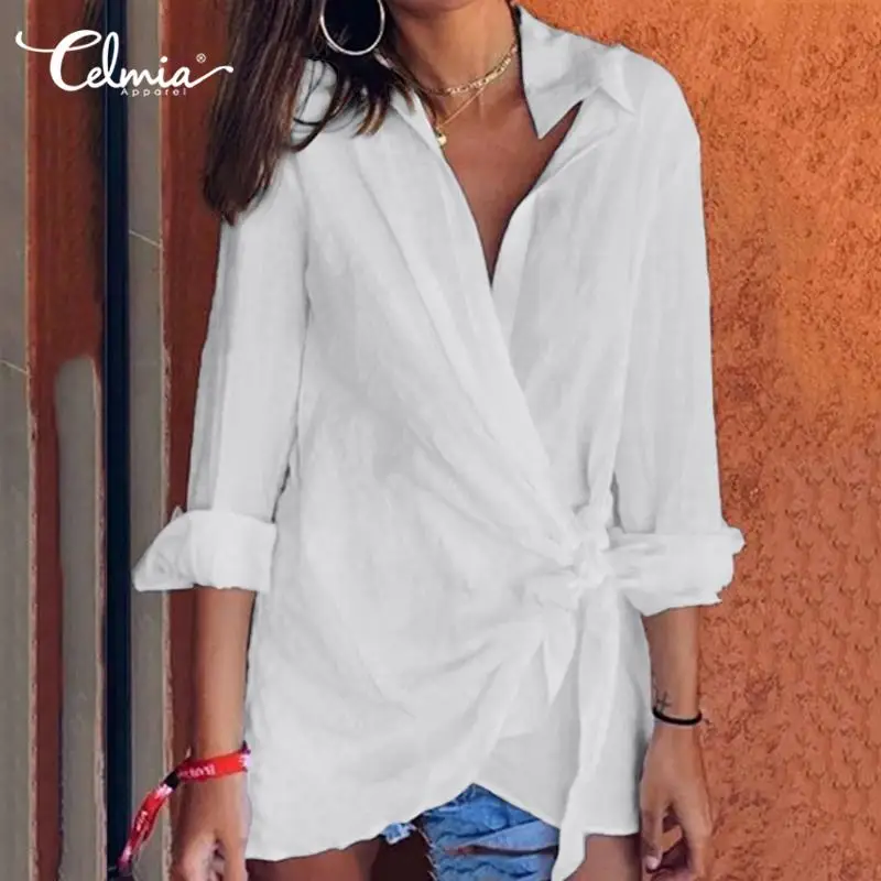 

Fashion Women's Shirts Celmia Sexy V neck Long Sleeve Blouses 2020 Casual Loose Lace Up Top Asymmetrical Office Lady Blusas 5XL