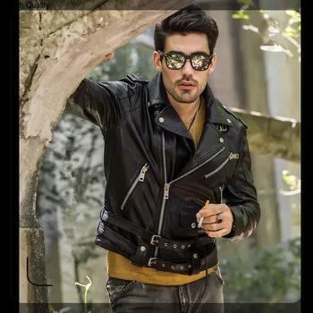 

Men's fahsion double belts genuine leather jacket black punk style fashion biker leather jacket men leather coat male new