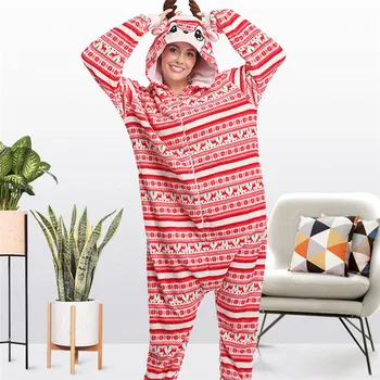 

Christmas Deer Print Sexy Women V-neck Bodycon Sleepwear Jumpsuit Romper Leotard Long Sleeve Print Front Zipper Hooded Jumpsuit