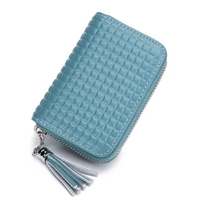 Blue Женщины Девушки держатель для карт чехол кожаный бумажник RFID Блокировка Кошелек с кисточкой молнии монета Сумка - Color: Blue