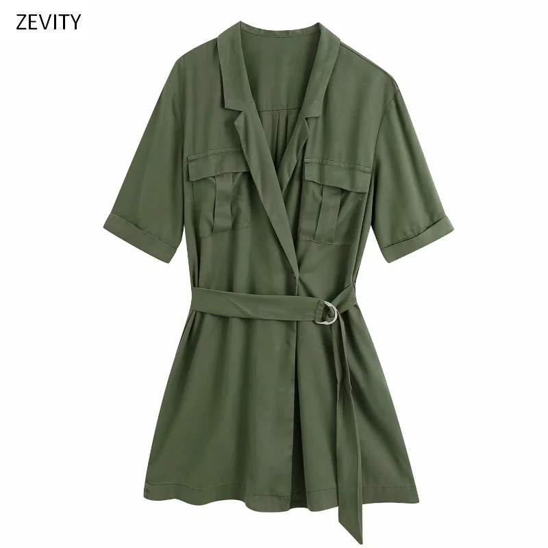 Zevity New women pockets patch lace up casual mini dress chic office lady safari style short sleeve elastic waist dresses DS3968 Zevity New women pockets patch lace up casual mini dress chic office lady safari style short sleeve elastic waist dresses DS3968